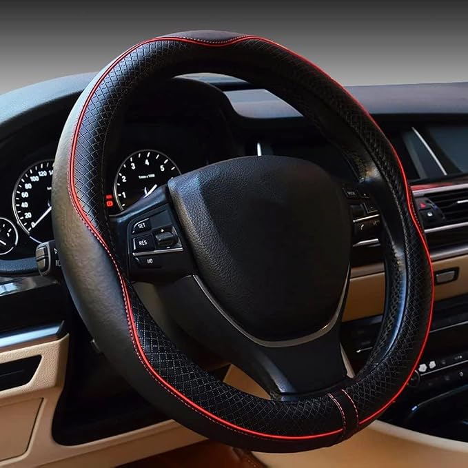 Steering Wheel Cover,Car Accessories,Microfiber Leather Car Steering Wheel Covers,Universal 15 Inch Anti-Slip Breathable Auto Interior Decor Protector,Suitable for Most Cars (Black&Red)