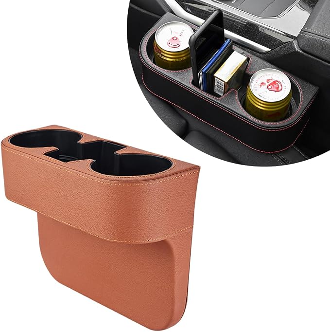 DXNQ Car Cup Holder Gap Filler Organizer, Multifunctional Auto Front Console Gap Filler with Cup Holder, Leather Extra Cup Holder Storage Box for Car Truck SUV, Car Accessories (Brown)