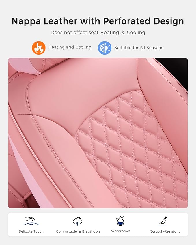 Huidasource Pink Rear Seat Covers, Nappa Leather Back Seat Covers Velcro Adjustable, Compatible with Seat Belts, Child Safety Seats, Fit for Most Cars SUVs Trucks (Back Row/Pink)