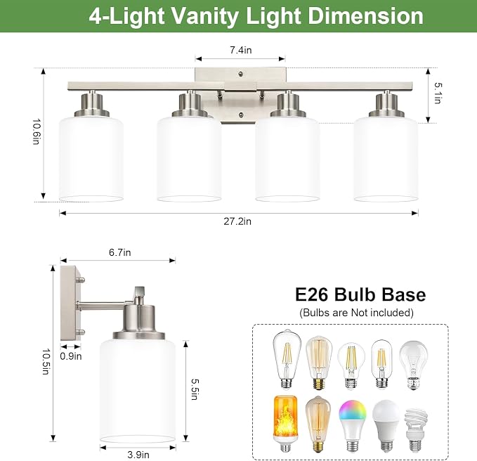 MOKATNG 4-Light Vanity Light with Milky White Shades, Brushed Nickel Bathroom Lighting Fixtures Over Mirror, Modern Bathroom Wall Lamp for Mirror Living Room Cabinet Bedroom