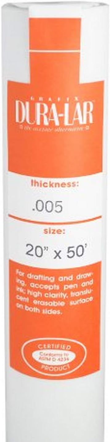 Grafix Dura-Lar 0.005" Film, Matte, Translucent 20" x50', Economical Alternative to Drafting Film, Mylar and Acetate, Translucent Drawing Surface for Lead, Ink, Charcoal and Paint, Roll
