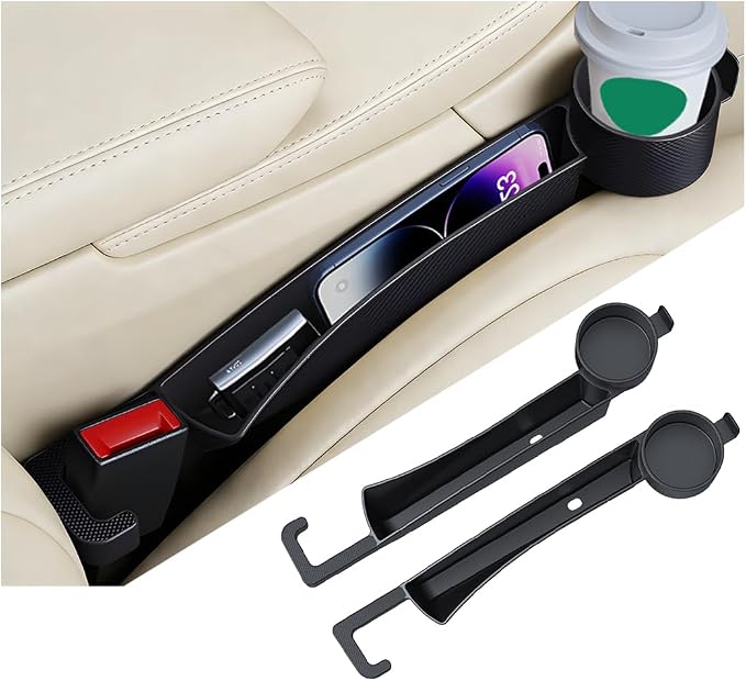 2PCS Car Seat Gap Filler Organizer with Cup Holder, Multifunctional Side Seat Crevice Blocker Plug with Storage Slot, No-Drop Auto Console Side Gap Stopper Organizer, Universal Fit (Black)