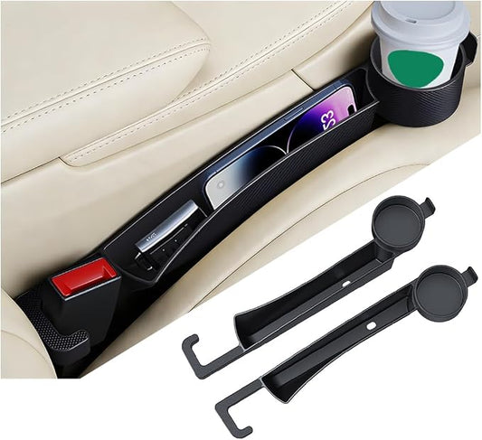 2PCS Car Seat Gap Filler Organizer with Cup Holder, Multifunctional Side Seat Crevice Blocker Plug with Storage Slot, No-Drop Auto Console Side Gap Stopper Organizer, Universal Fit (Black)