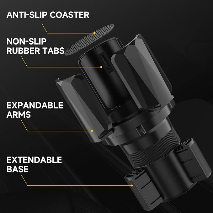 DYLEN Large Cup Holder Expander with Expandable Arms, Fits 2.5-5.9" Bottles | Cup Holder Adapter Fits Owala/YETI/Hydro Flask/Stanley 12–64 oz; Most Large Bottles; Compatible with Round Cup Holders