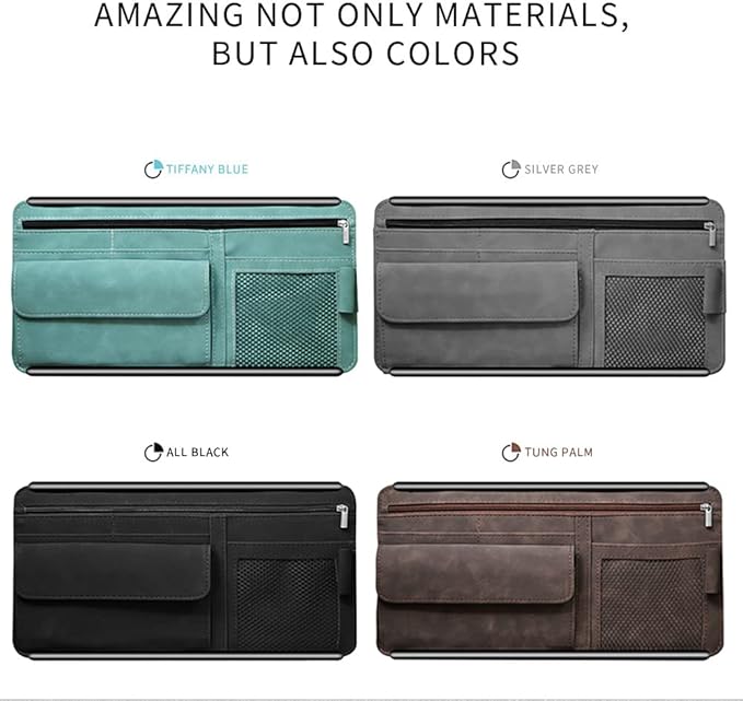 Car Sun Visor Organizer - Glasses Case, Note Holder, Suede Zipper, Card Holder - Gray