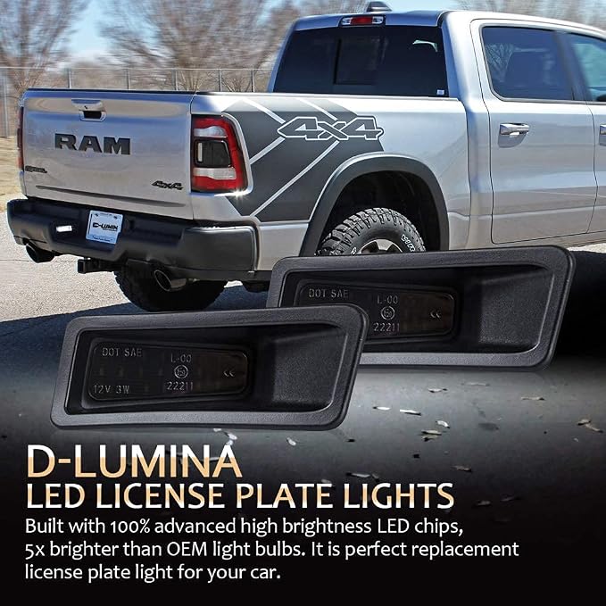 D-Lumina LED License Plate Light Tag Lamp Assembly Smoke Lens Compatible with 2019 2020 2021 2022 2023 Dodge Ram 1500, 6000K White Tag Lights, Pack of 2