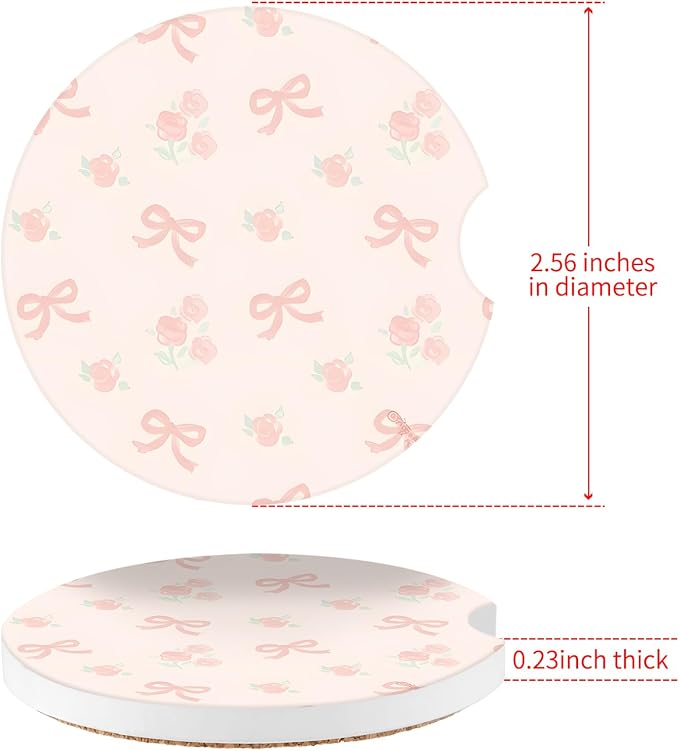 Cute Bowknot Car Coasters,Absorbent 2 Pack for Cup Holders with Finger Notch,2.56 inches Ceramics Heat Resistant Anti Slip Cork Base Car Drinks Coasters Auto Cup Holder