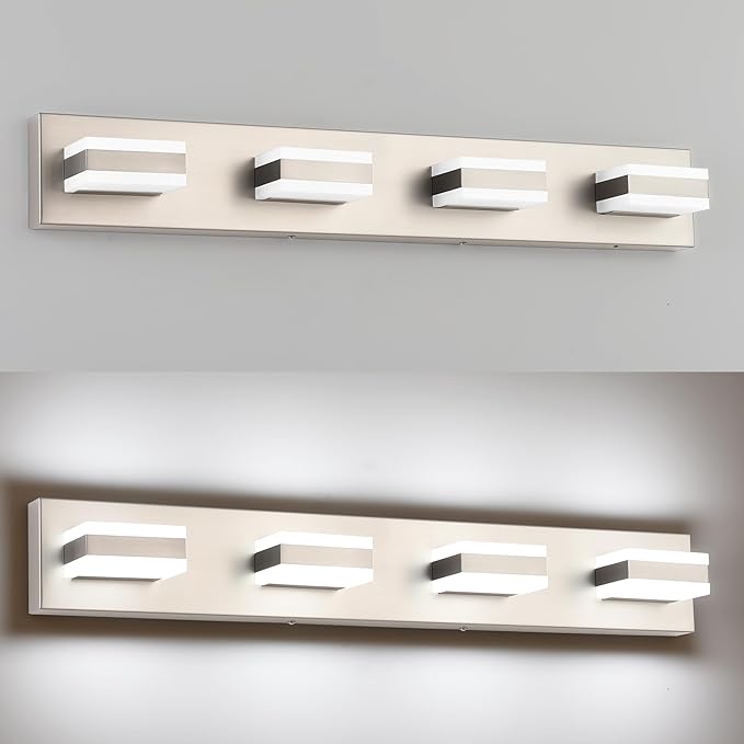 SOLFART Bathroom Vanity Lights Brushed Nickel Light Fixtures for Bathroom Above Mirror 4 Light Led Lights Bath Lighting Fixture Nickel ETL Listed