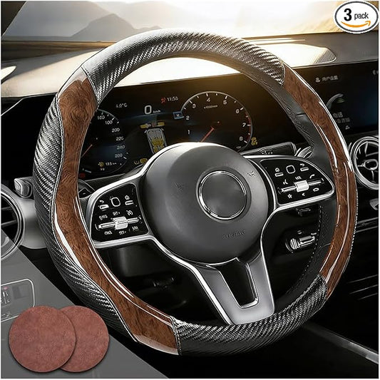 Wood Grain Steering Wheel Cover with Coasters Universal 14.5-15 inch | Black Carbon Wood Car Steering Wheel Covers Leather Microfiber Breathable Anti-Slip Durable Steering Wheel Accessories