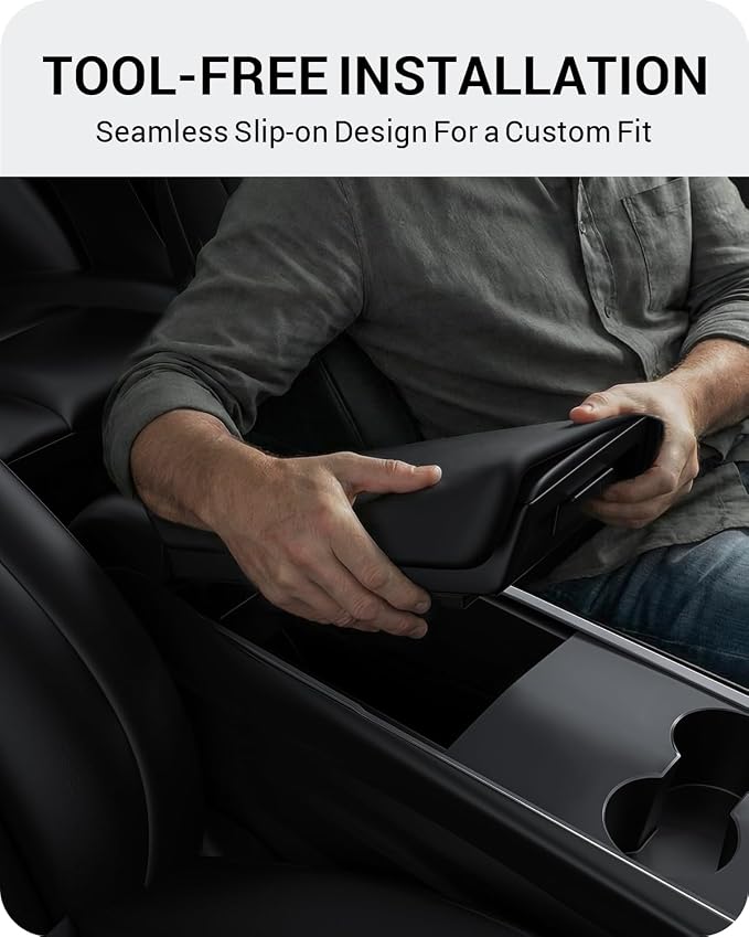 BASENOR Upgraded Tesla Model Y Model 3 Center Console Cover TPU Armrest Cover Non-Slip Protector Armrest 2017-2024 Tesla Interior Accessories Black (Not Compatible with 2024 2025 Tesla Model 3)