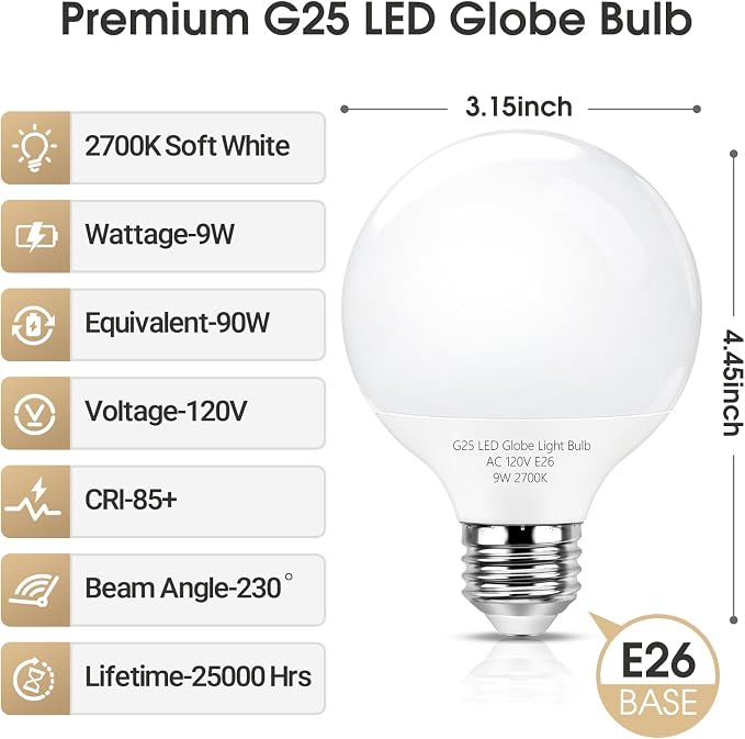 G25 LED Globe Light Bulbs, Bathroom Vanity Light Bulbs E26 Base,9W (90W Equivalent), Soft White 2700K, Round Light Bulbs for Bedroom Makeup Mirror, 920LM, Dimmable, 2 Pack