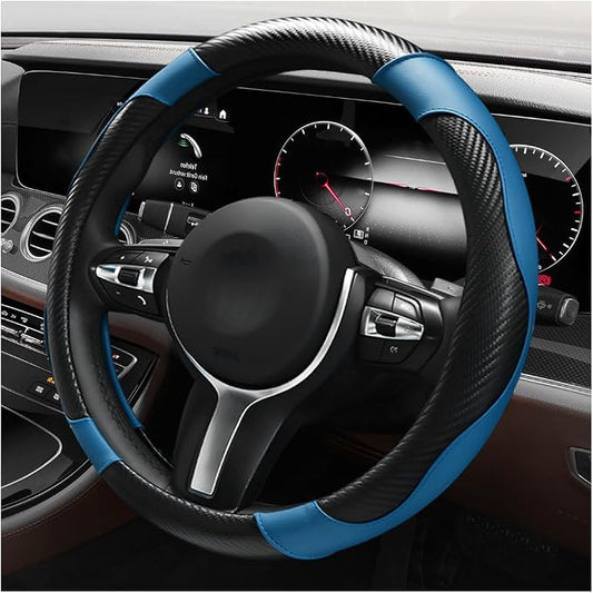 Car Steering Wheel Cover, 15 Inch Anti-Slip Stretch Leather Steering Wheel Protector, Comfortable Breathable Sporty Steering Wheel Cover for Women Men, Car Accessories (Black & Blue)