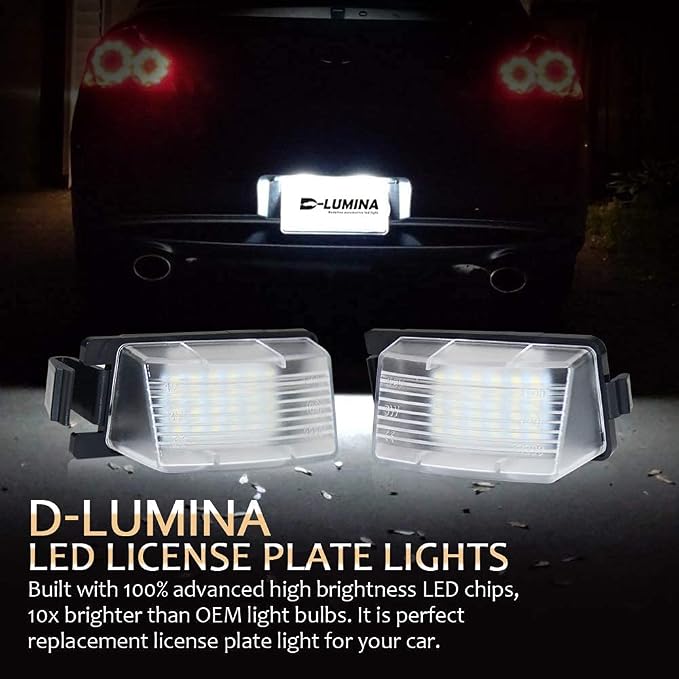 D-Lumina LED License Plate Light Lamp Assembly Replacement Compatible with Nissan 350Z 370Z GT-R Versa Cube Leaf Sentra Infiniti Q40 Q60 G25 G35 G37, Powered by 18-SMD 6000K White Pack of 2