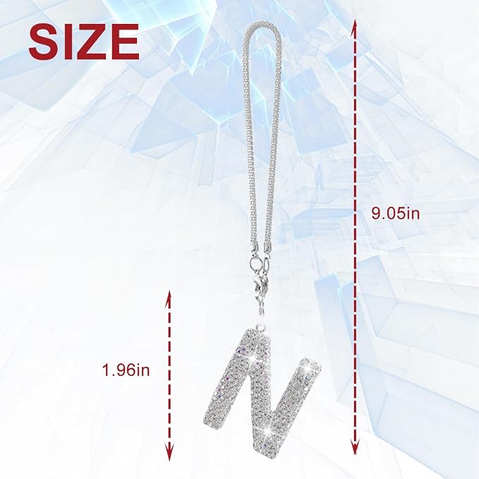 Bling Car Letter Charm, Crystal Rhinestone Rear View Mirror Hanging Ornament, Cute Lucky Diamond Automotive Interior Pendant Decoration Accessories, Universal for Vehicles(N)