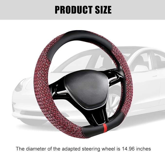 Zpana Car Steering Wheel Cover, 14.5-15" Breathable Linen Sporty Vehicle Steering Wheel Protector with Non-Slip Lining, Automotive Interior Decoration Accessories, Universal Fit (Black/Red)