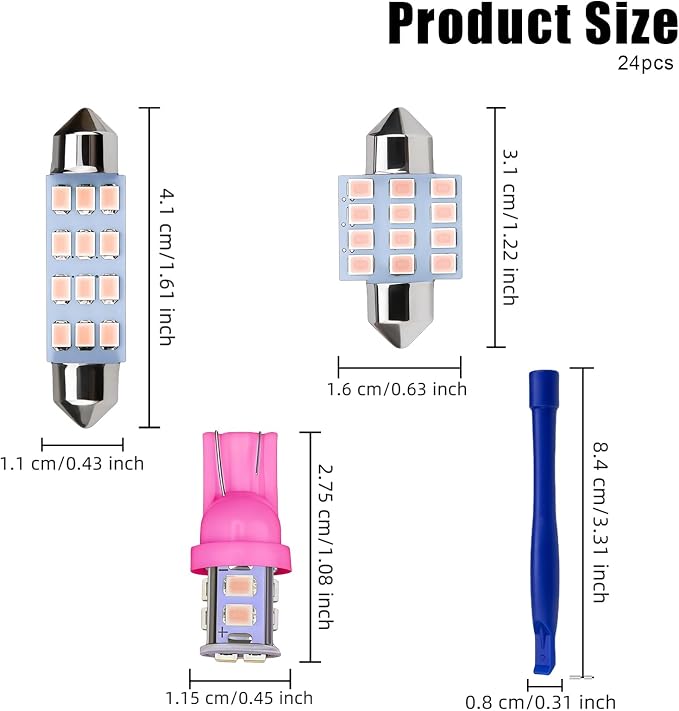 24 PCS Car Interior LED Lights Kit 194 T10 DE3175 578 31mm 41mm LED Bulbs Interior Replacement Bulbs for Car Map License Plate Door Side Marker Dome Light (Pink & Purple)