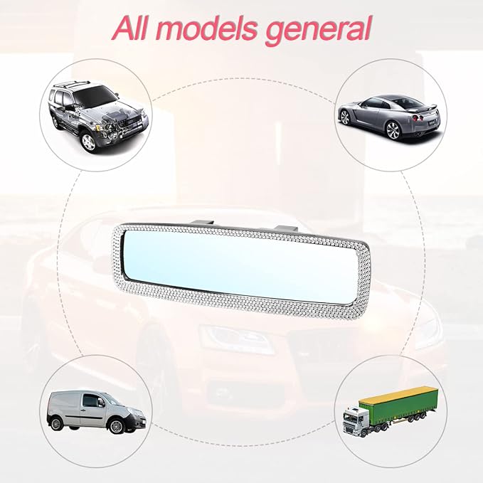 Bling Car Rear View Mirror, Rhinestones Crystal Clip-on Rearview Mirror with HD Glass, Compatible with Most Cars, SUVs, Vehicles, Auto Interior Accessories for Women Girl (White)