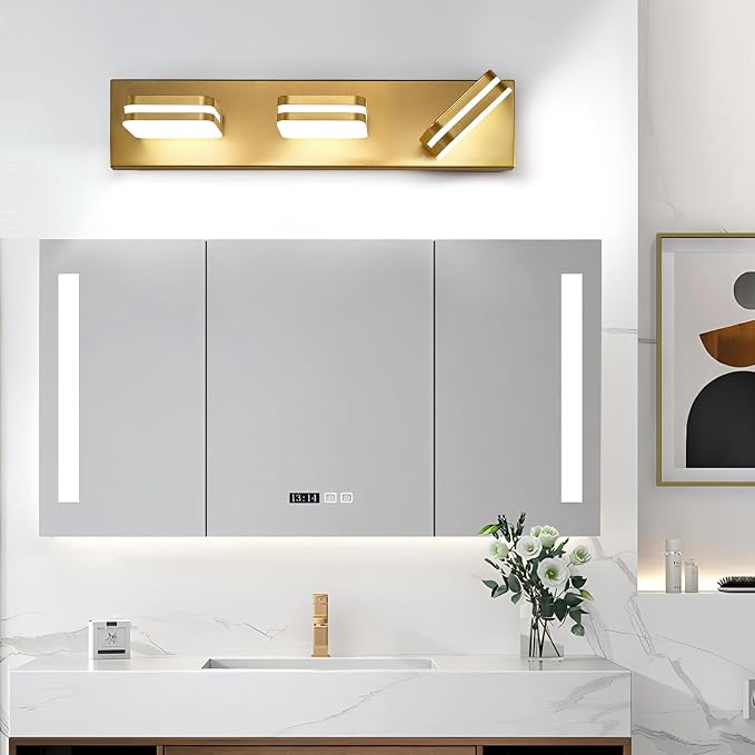 Torondo 360° Rotate LED Bathroom Vanity Light Fixtures, Acrylic Vanity Lights for Bathroom, Modern Wall Lighting Fixtures Over Mirror Living, Gold, Natural White, 3-Light, 17-Inch