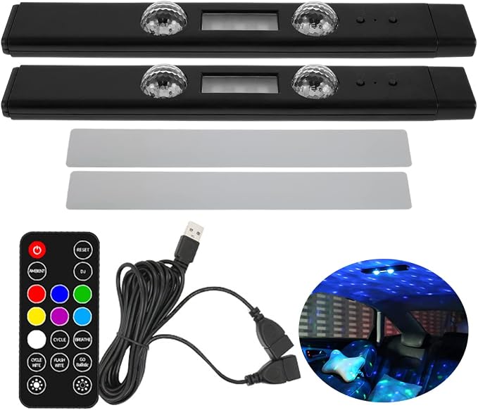 2Pcs Car Interior Ambient Light Wireless LED Starry Car Atmosphere Light USB Rechargeable Multicolor RGB LED Strip Light Remote/Sound Control Car Star Ceiling Light with Music Sync ZHAZHAMO
