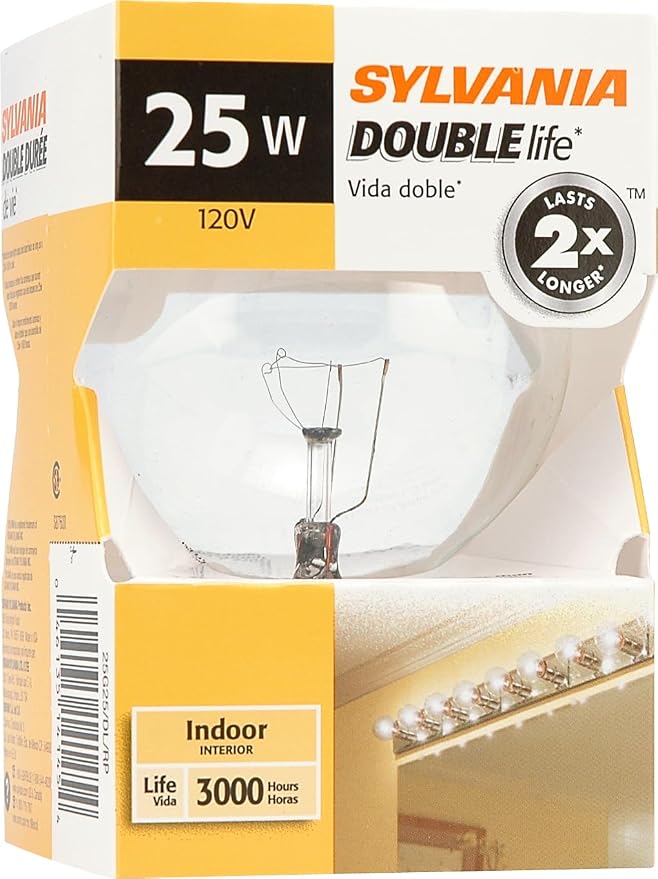 Sylvania Double Life 25 Watt Vanity Light Bulbs 1 Pack - Incandescent E26 Medium Base Globe Bulbs for Bathroom, Dimmable G25 Type G Round Vanity Bulbs 25W, 120V Clear Warm White 3000 Hour