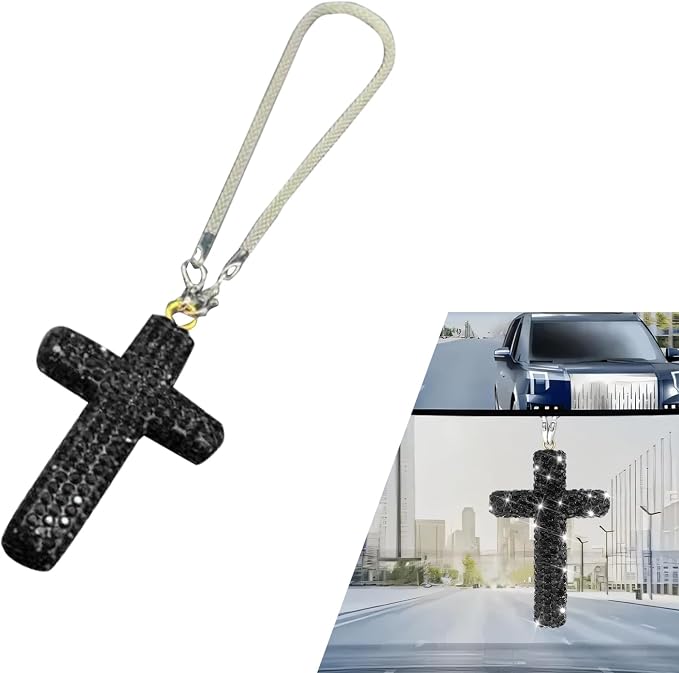 Bling Cross Car Mirror Hanging Accessories, Crystal Rhinestone Rear View Mirror Pendant, Religious Rearview Mirrors Decoration Charm, Car Hanging Ornament, Auto Interior Accessories (Black)