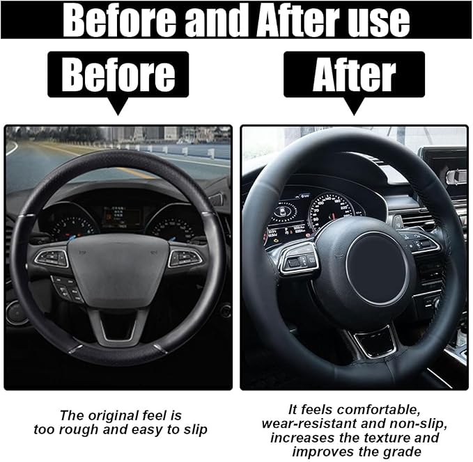 Car Genuine Leather Steering Wheel Cover, DIY Sewing with Needle and Thread, Breathable, and Anti-Slip, Universal 15 Inch Car Steering Wheel Stitching Wrap (Black, Glossy)