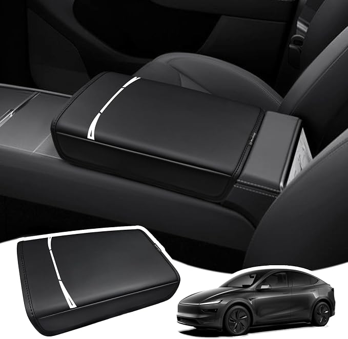 Muslogy Center Console Armrest Cover Fit for Tesla Model Y Refresh 2026 Accessories, Comfort Armrest Pad Console Lid Cushion Vegan Leather Regular Thick (Black)