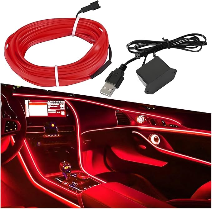 ZIMISI EL Wire Car Interior LED Strip Lights, Neon Light Strip (Red) | 5V 16FT Car Ambient Lighting Decorations with Sewing Edge, USB Electroluminescent Car Interior Lights with Fuse Protection