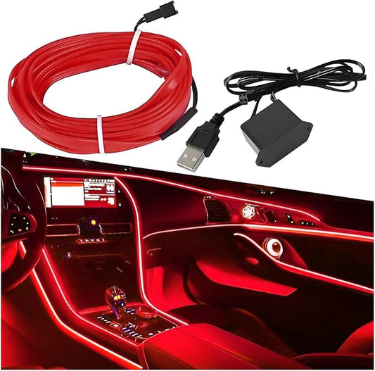 ZIMISI EL Wire Car Interior LED Strip Lights, Neon Light Strip (Red) | 5V 16FT Car Ambient Lighting Decorations with Sewing Edge, USB Electroluminescent Car Interior Lights with Fuse Protection
