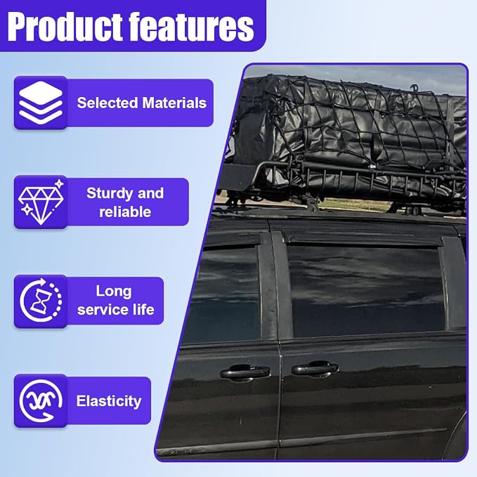 YoRise Car Heavy-Duty Bed Cargo Net, 45" x 32" Adjustable Car Roof Top Luggage Rack Bungee with 12 Hooks, Universal Auto Elastic Netting Organizer for SUVs, Pickups, Trucks (Black)