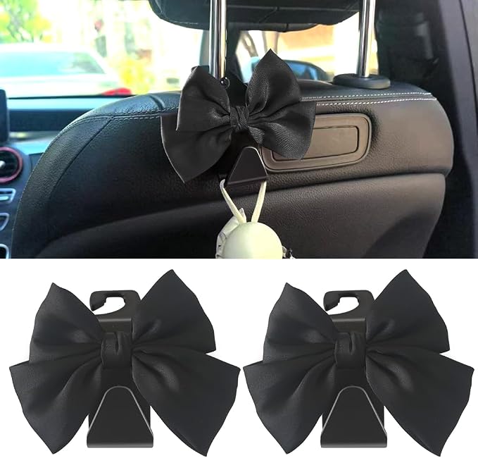 2-Pack Car Seat Headrest Hooks, Handbag Hangers, Black silk | Storage organizer for handbags, clothes, coats and grocery bags; practical interior accessory for most cars and SUVs