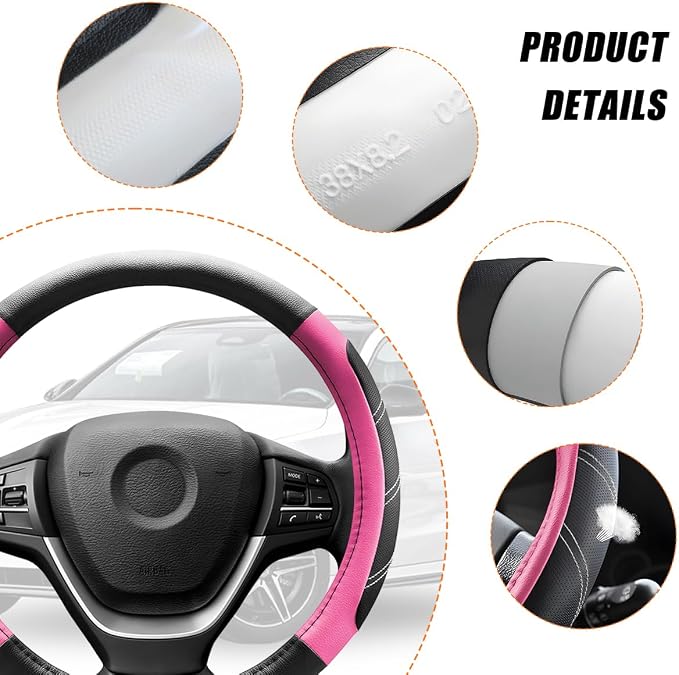Zpana Car Steering Wheel Cover, 15 Inch Carbon Fiber Leather Non-Slip Steering Wheel Protector with Lining, Breathable Automotive Interior Accessories, Universal for SUV RV Truck (Pink)
