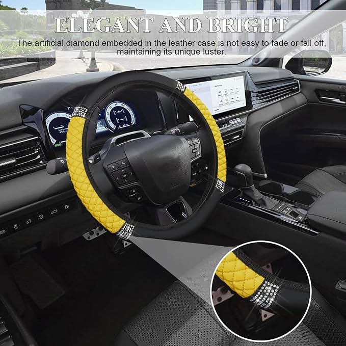 Bling Soft Leather Steering Wheel Cover, 15 Inch Colorful Rhinestones Auto Elastic Steering Wheel Protector for Women Girls, Car Accessories Anti Slip Steering Wheel Cover for Cars, SUVs (Yellow)