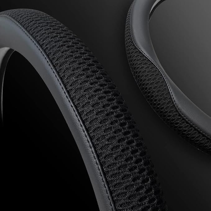 Car Steering Wheel Cover, Universal 15 inch, The Latest Microfiber Leather Breathable Technology Fabric, Non-Slip, Comfortable, Warm in Winter and Cool in Summer (Black)