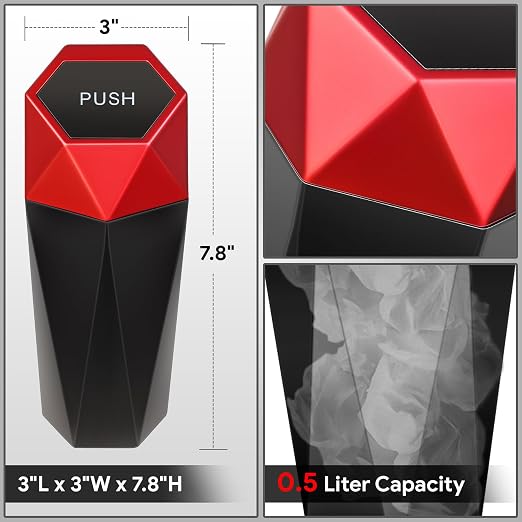 DNA Motoring Mini Car Auto Trash Can with Removable Lid, Leakproof Mini Garbage Bin for Automotive Home Office,Black/Red,ZTL-OD-01-RD