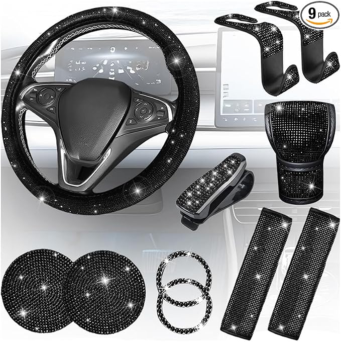 8PCS Bling Car Accessories Set, Sparkly Rhinestone Vehicle Steering Wheel Seat Belt Gear Shift Start Stop Button Cover, Diamond Auto Cup Holder Coaster Decoration, Universal Fit (Black)