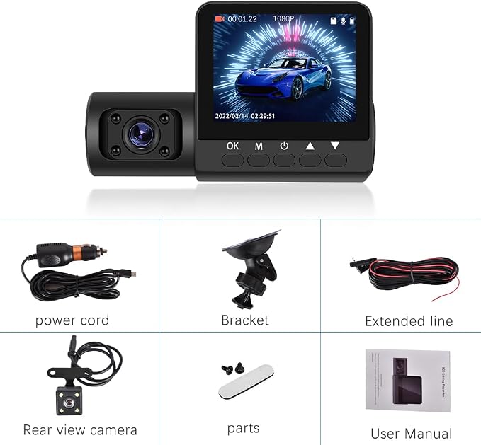 Dash Cam1080P 3 Channel Dash Camera Mini Car Recorder 2.45 Inch Screen Front Rear and Inside with Loop Recording Wide Angle IP66 Waterproof