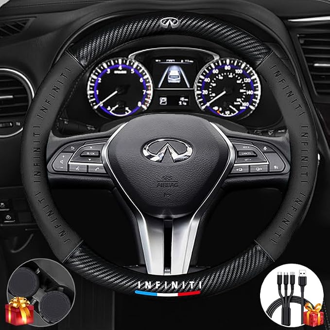 Steering Wheel Cover Compatible with Infiniti, Nappa Leather&Carbon Fiber Texture Steering Wheel Cover, 14.5-15 Inch Diameter with 2 Coasters and USB Fast Charging Cable (Black)