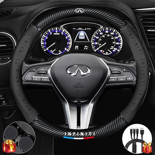 Steering Wheel Cover Compatible with Infiniti, Nappa Leather&Carbon Fiber Texture Steering Wheel Cover, 14.5-15 Inch Diameter with 2 Coasters and USB Fast Charging Cable (Black)