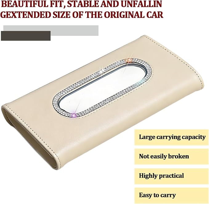 Bling Car Sun Visor Tissue Holder, Sparkling Crystal Rhinestone Visor Paper Towel Mask Box Holder, Glitter Diamond Auto Interior Napkin Cover Case, Universal for Truck SUV Van (Beige)