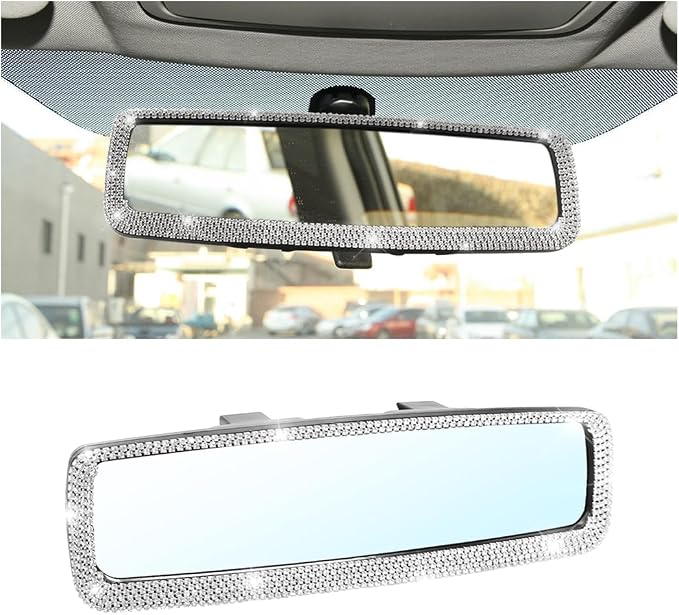 Osilly Bling Car Rearview Mirror, Decorations Rear View Mirror with Crystal Rhinestones & Diamonds, Car Interior Trim Accessories, Clip-on & HD Glass, Sparkly Gift for Mother Women Girls (Silver)