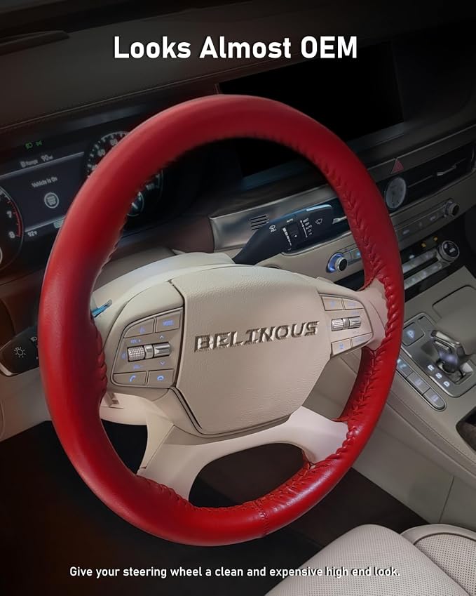 BELINOUS Leather Steering Wheel Cover Lace Up, Stitch on Steering Wheel Wrap, Universal Fit 13-20 Inch Car Truck Pickup Boat, A Whole Piece of Cowhide, DIY w/Needle Thread (Size XXL1, Red)