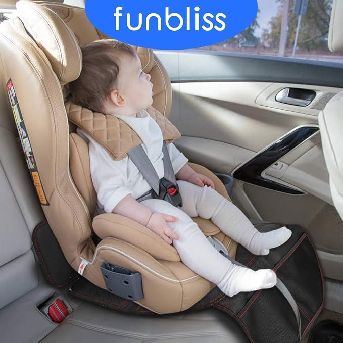 funbliss car seat Protector for Child car seat Beige Thick Padding Carseat Kick Mat with Organizer Pockets,Waterproof 600D Fabric,Vehicle Dog Cover Pad for SUV Sedan Leather Seats