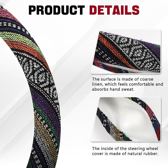 Boho Steering Wheel Cover, Ethnic Style Car Steering Wheel Cover Protector, Anti-Slip Flax Cloth Cover Universal Fits 14.5-15 Inch Steering Wheel, Interior Car Accessories(B Style)
