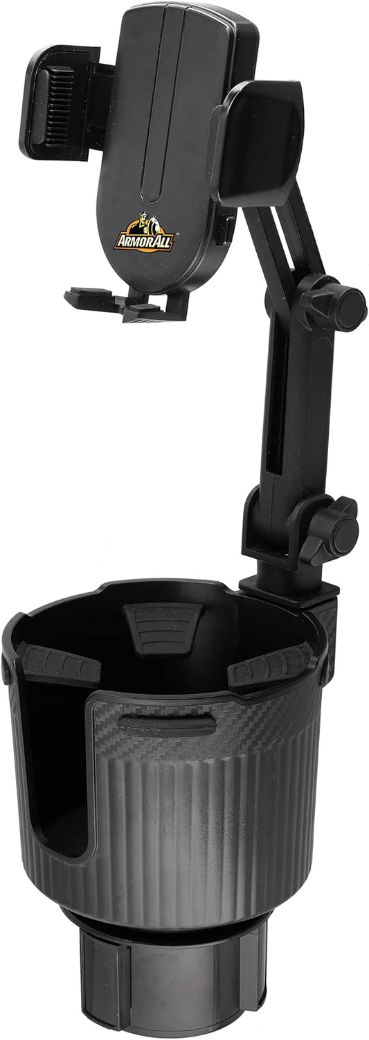 Armor All 2-in-1 Cup Holder Cell Phone Holder, Dual Cellphone Car Mount and Cupholder, XL Cupholder Holds Bottles, 6” in Arm 360° Degree Rotatable, Swivel Phone Mount Fits Most Phones, Expandable Base