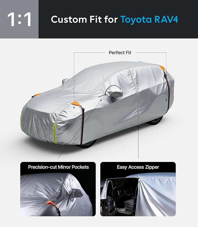 Wigoo Toyota RAV4 Car Cover 1996-2026, Custom Fit Waterproof All Weather Outdoor Full Exterior SUV Cover, Windproof Rain Sun UV Snow Dust Protection, Paint-Safe Lining, Door Zipper, RAV4 Accessories