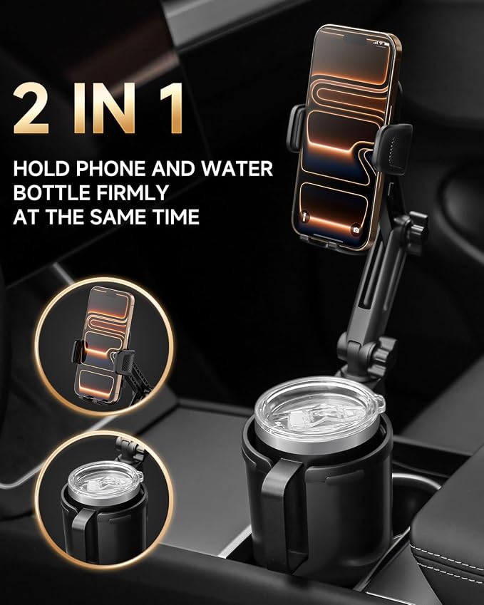 DYLEN Cup Holder Phone Holder for Car, 2 in 1 Cup Holder Phone Mount with Adjustable Base, Long-Arm Supports 360° Rotation, Car Phone Holder Compatible with All Phones| Anti-Slip&No Shake Design