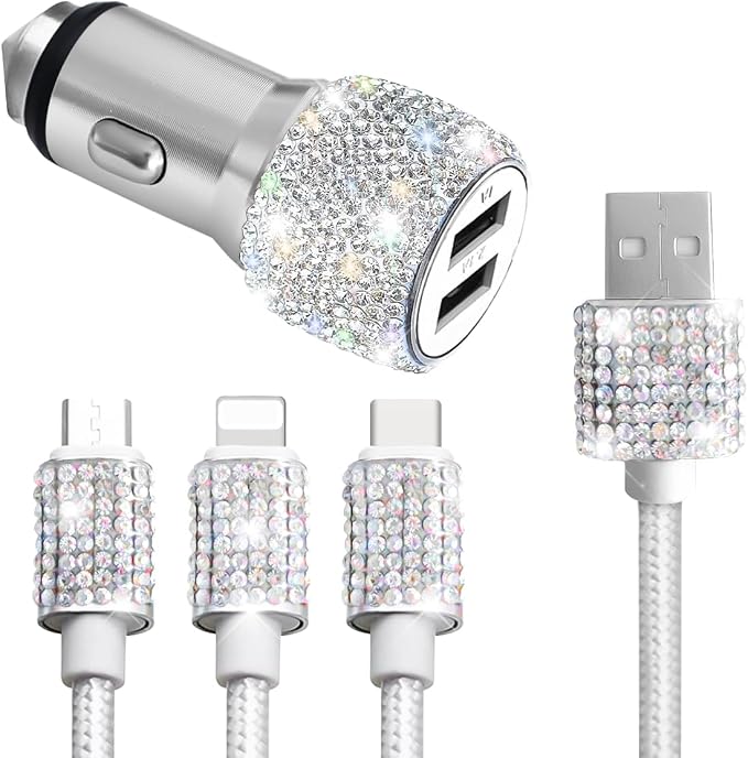 Bling Dual USB Car Charger with 3-in-1 Multi Fast Charging Cable, Dual Port Charger Adapter with Type C Micro USB Cord for iPhone, Android, Rhinestones Car Interior Accessories for Women(White)