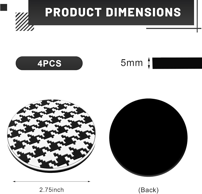 4 PCS Car Cup Coasters, 2.76 Inch Shockproof Auto Cup Holder Insert Coaster Checkered Drink Mat, Anti-Slip Waterproof Water Bottle Pad Stylish Grid Decoration for Most Vehicles (Houndstooth)