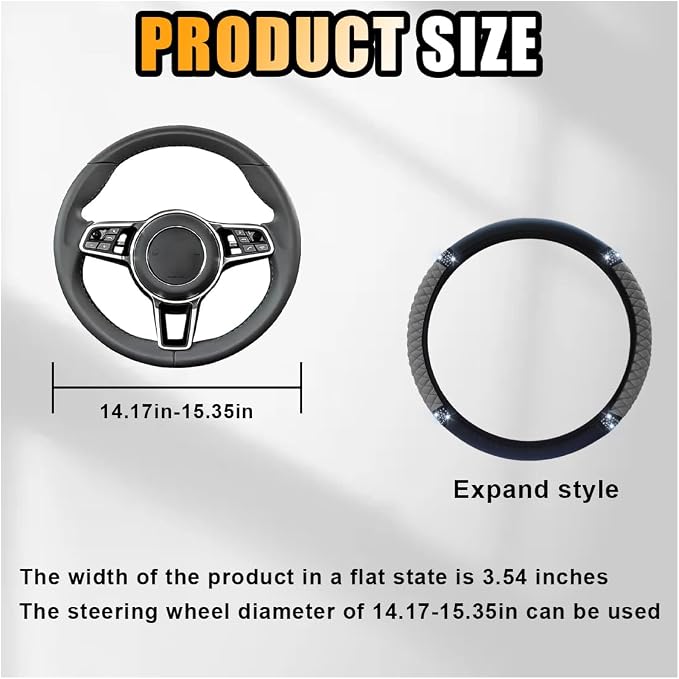 JOYCOURT 15 Inch Bling Soft Leather Car Steering Wheel Cover, Grey | Colorful Rhinestones Design, Auto Elastic Protector for Women Girls, Crystal Diamond Car Accessories for Most Cars, SUVs